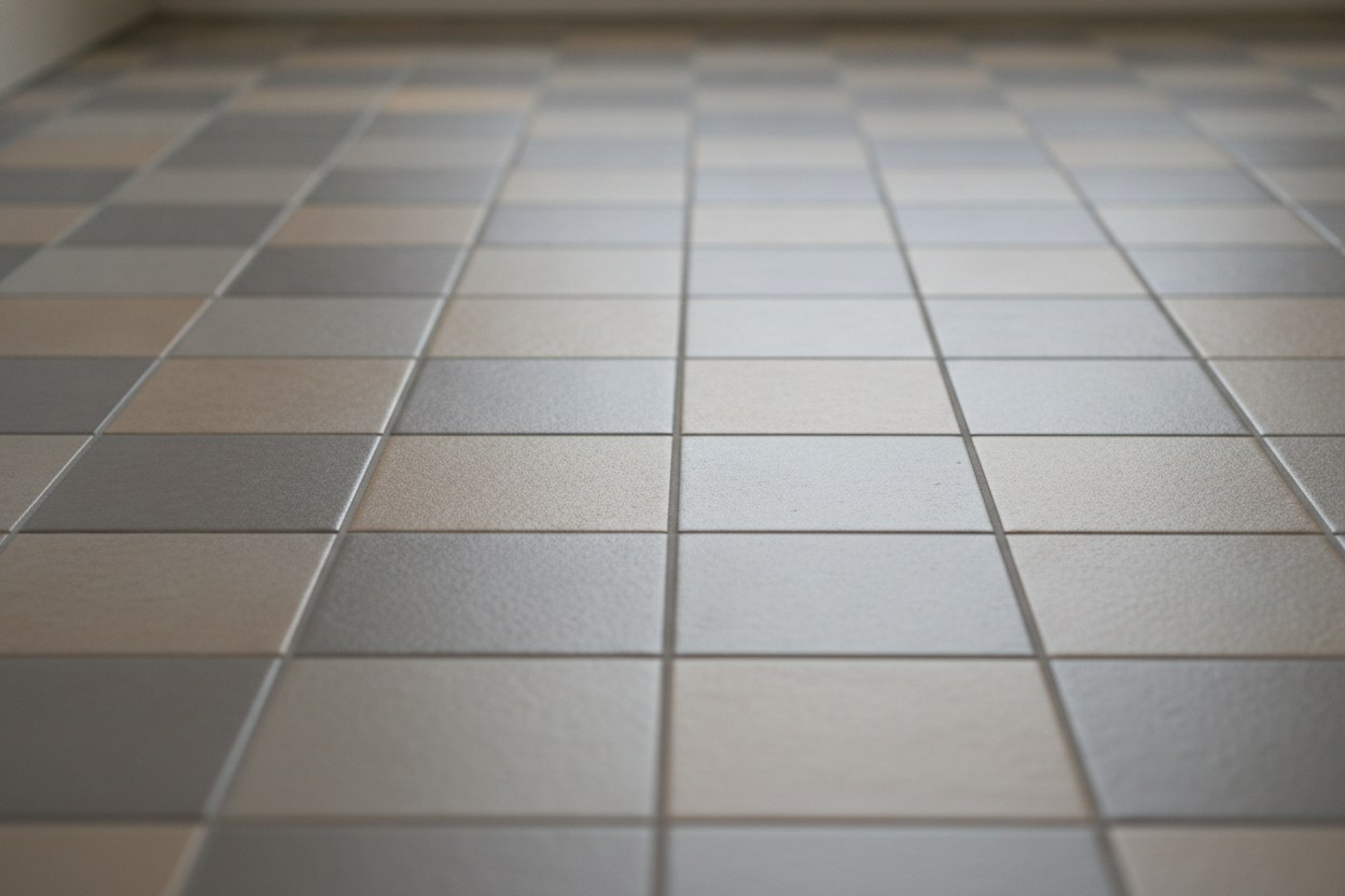 Banyo zemininde döşenmiş mat sırlı seramik karo yakın çekim, ince derz ve doğal ışık